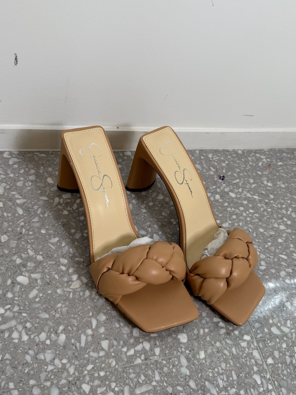 Jessica Simpson Braided Square-Toe Mule Heels in Tan
